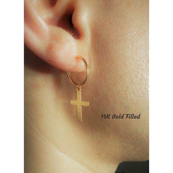 Mens Gold Cross Earring, 14K Gold Filled Hoop Earrings, Cross Hoops for Men - Picture 2 of 6